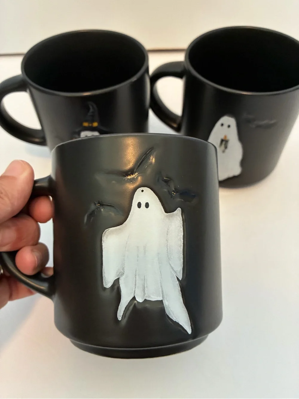Pottery Barn Black Ceramic Ghost Mugs - Set of 3